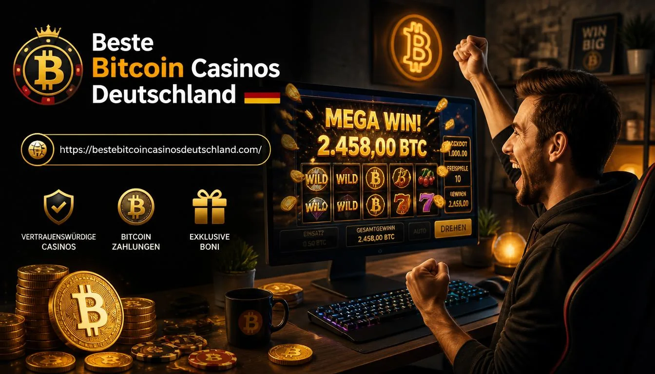 Three symbols for trustworthy casinos, bitcoin payments and bonuses, beside a player at a slot screen